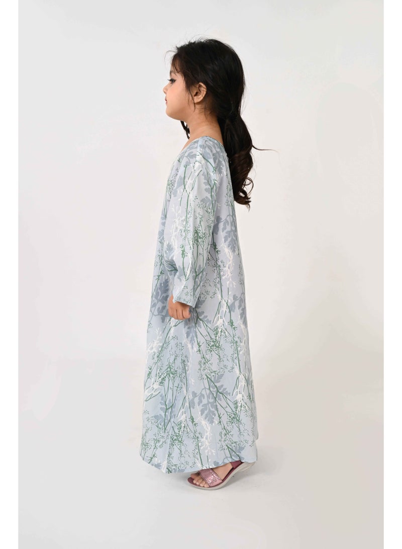 Linelle Kids Jalabiya – Blue and Grey Floral Print and Embroidery Detailing - Image 3