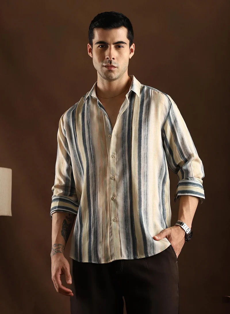 Campus Sutra Campus Sutra Men's Butter Yellow & Prussian Blue Striped-Strokes Shirt For Casual Wear | Spread Collar | Long Cuffed Sleeves | Button Closure | Shirt Crafted With Comfort Fit For Everyday Wear