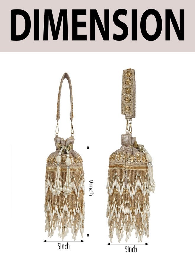 Nevis Silk Fabric Designe Fringe Potli Bag with Pearl Tassels & Beaded Handle | Luxury Ethnic Drawstring Clutch for Wedding - Image 5