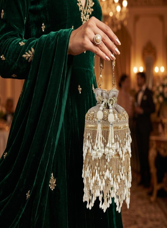 Nevis Silk Fabric Designe Fringe Potli Bag with Pearl Tassels & Beaded Handle | Luxury Ethnic Drawstring Clutch for Wedding - Image 3