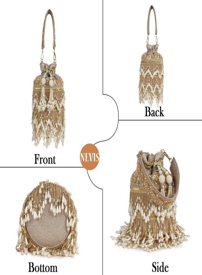 Nevis Silk Fabric Designe Fringe Potli Bag with Pearl Tassels & Beaded Handle | Luxury Ethnic Drawstring Clutch for Wedding - Image 4