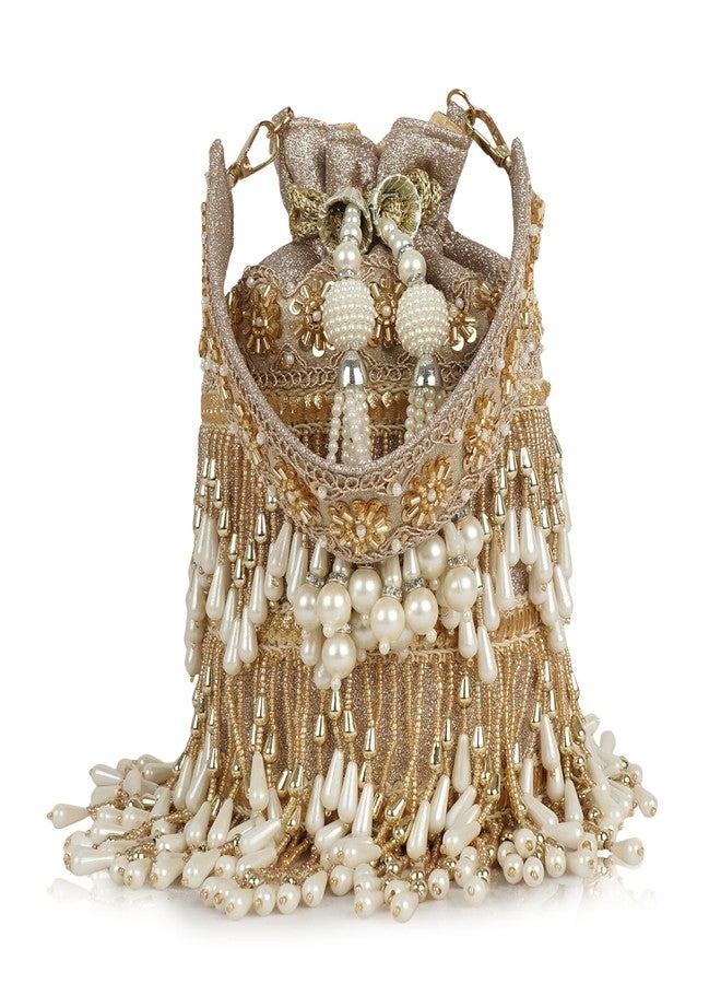 Nevis Silk Fabric Designe Fringe Potli Bag with Pearl Tassels & Beaded Handle | Luxury Ethnic Drawstring Clutch for Wedding - Image 1