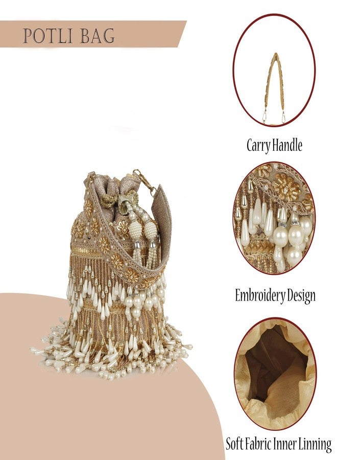 Nevis Silk Fabric Designe Fringe Potli Bag with Pearl Tassels & Beaded Handle | Luxury Ethnic Drawstring Clutch for Wedding - Image 2