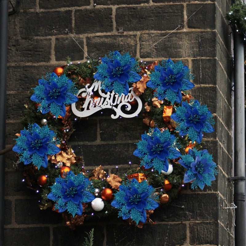 Childom 15 PCS Poinsettia Flower Artificial Poinsettia with Clips Christmas Decor Glitter Poinsettia Christmas Ornaments Christmas Tree Flower Decorations with Stems DIY Xmas Wreath Holiday Home Party Decor - Image 3