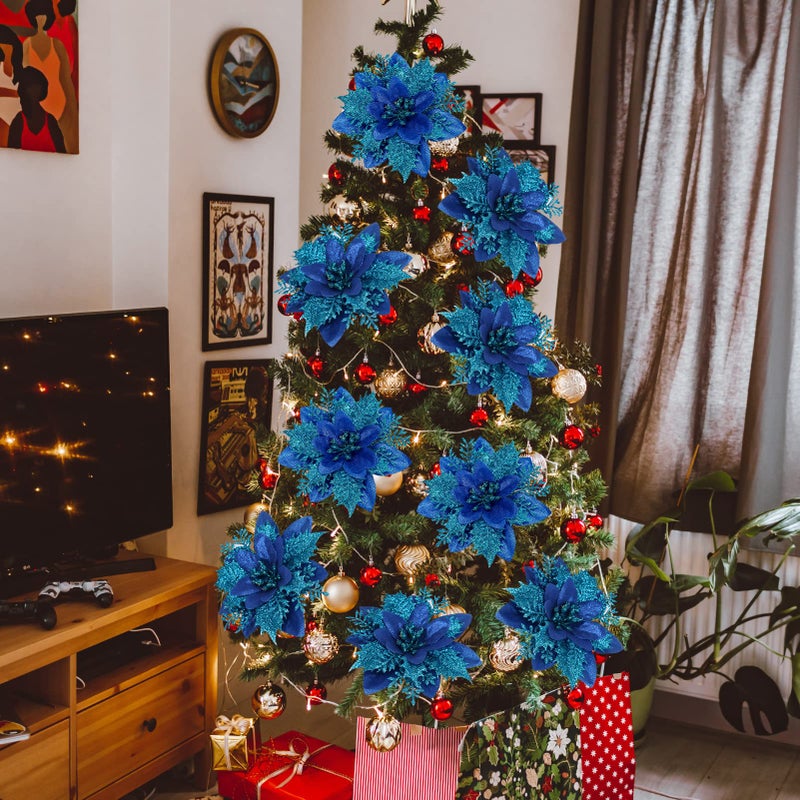 Childom 15 PCS Poinsettia Flower Artificial Poinsettia with Clips Christmas Decor Glitter Poinsettia Christmas Ornaments Christmas Tree Flower Decorations with Stems DIY Xmas Wreath Holiday Home Party Decor - Image 2