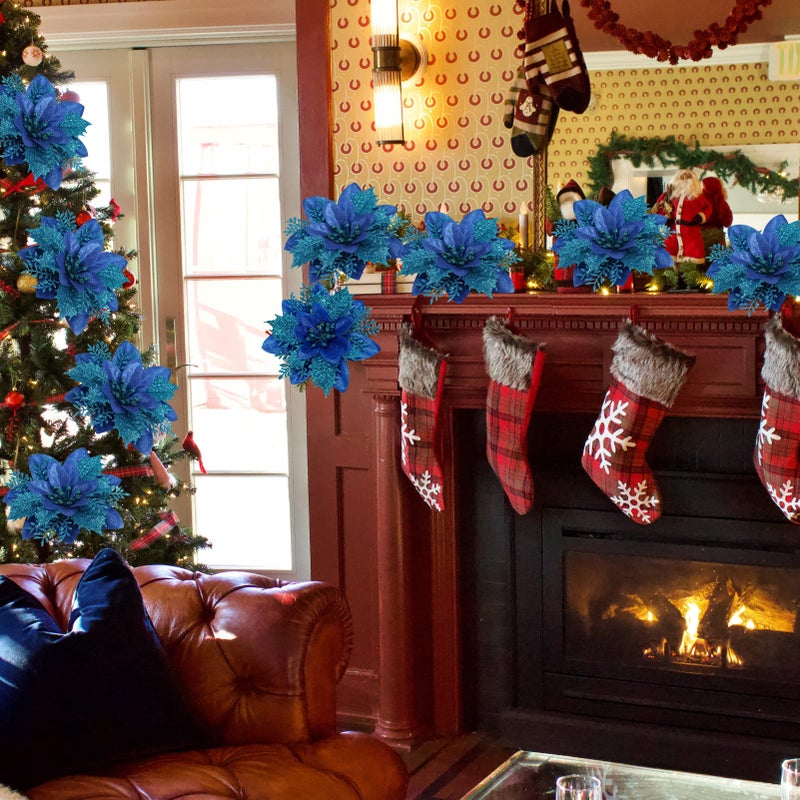 Childom 15 PCS Poinsettia Flower Artificial Poinsettia with Clips Christmas Decor Glitter Poinsettia Christmas Ornaments Christmas Tree Flower Decorations with Stems DIY Xmas Wreath Holiday Home Party Decor - Image 4