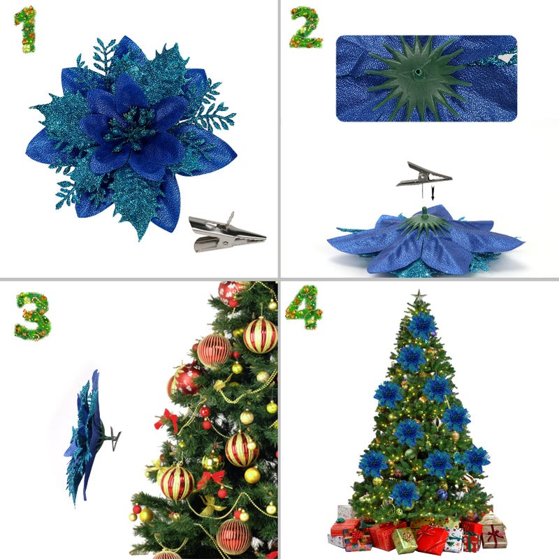 Childom 15 PCS Poinsettia Flower Artificial Poinsettia with Clips Christmas Decor Glitter Poinsettia Christmas Ornaments Christmas Tree Flower Decorations with Stems DIY Xmas Wreath Holiday Home Party Decor - Image 5