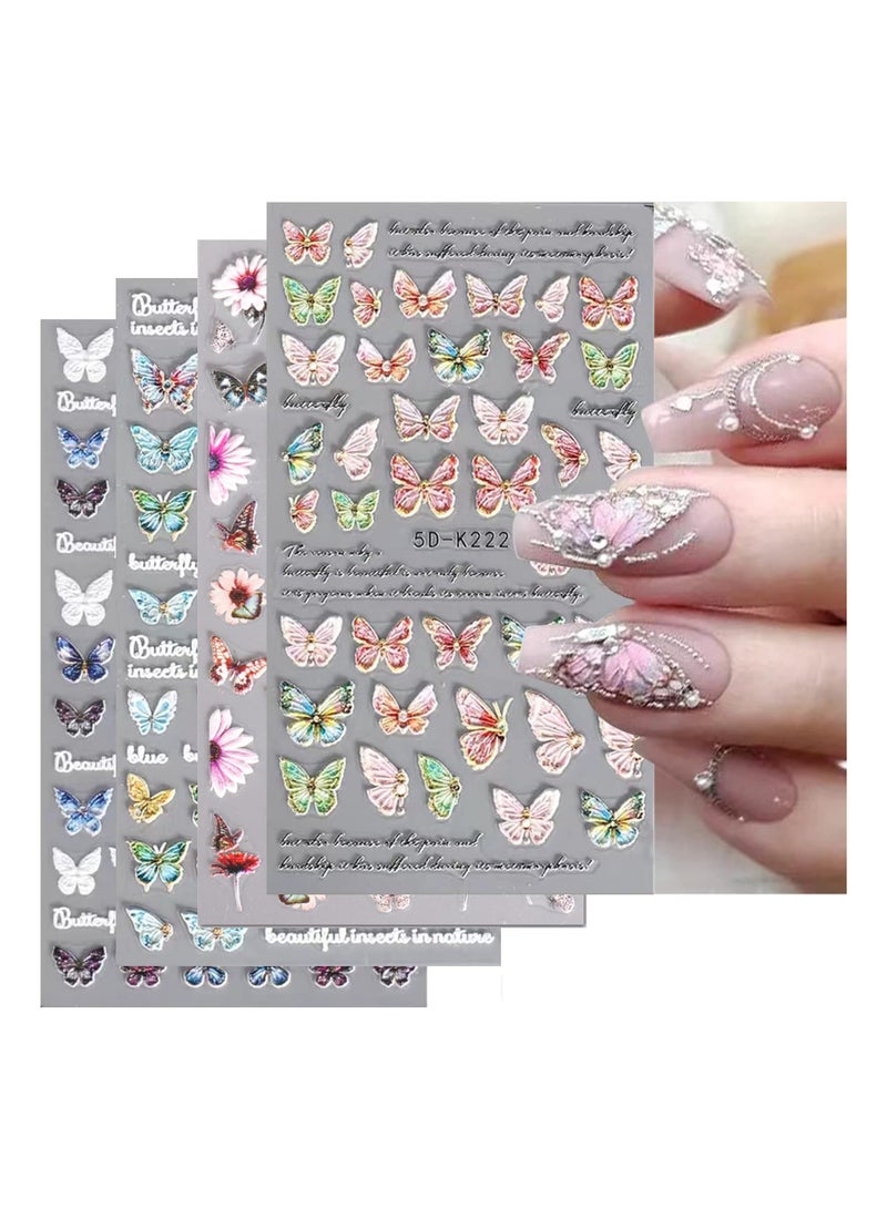 Excefore Flower Nail Art Stickers, 4 Pcs 5D Embossed Nail Decals Colorful Butterfly Nail Accessories - Image 1