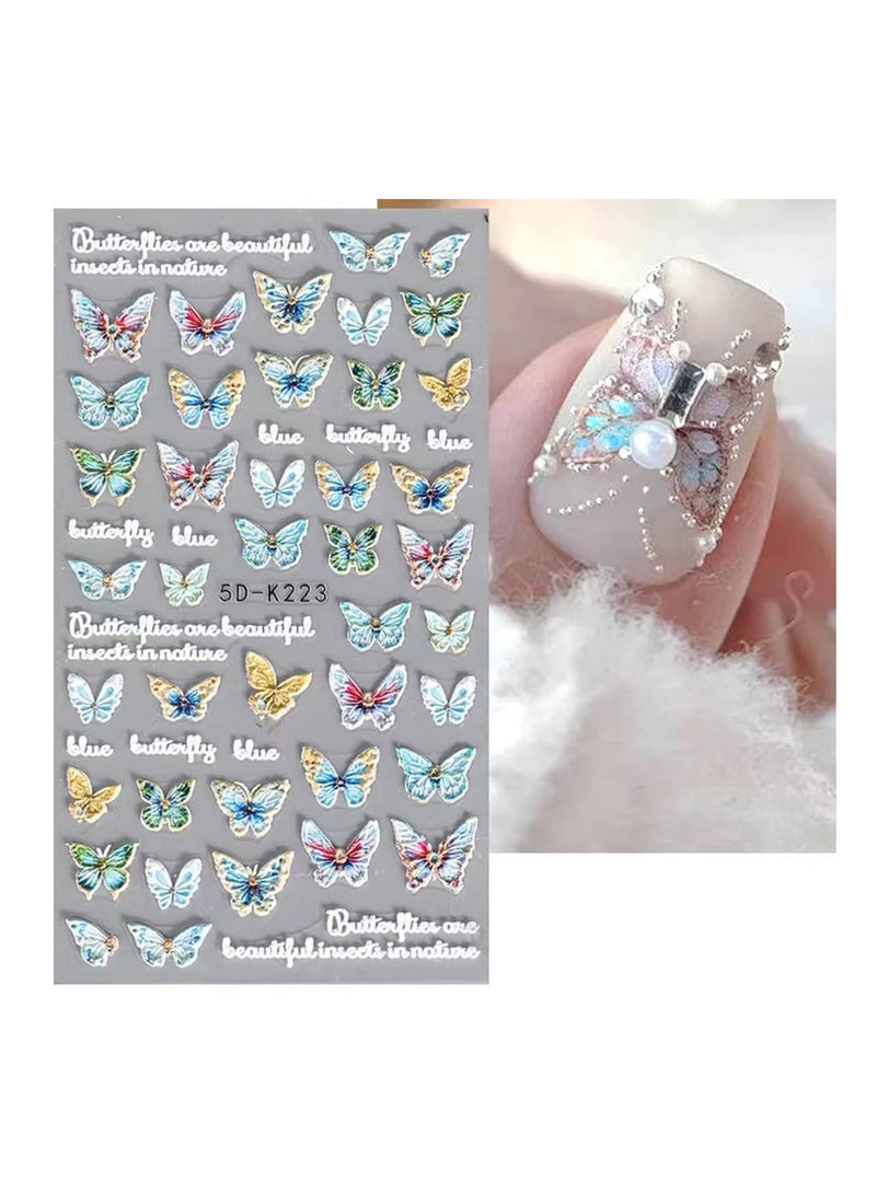 Excefore Flower Nail Art Stickers, 4 Pcs 5D Embossed Nail Decals Colorful Butterfly Nail Accessories - Image 3