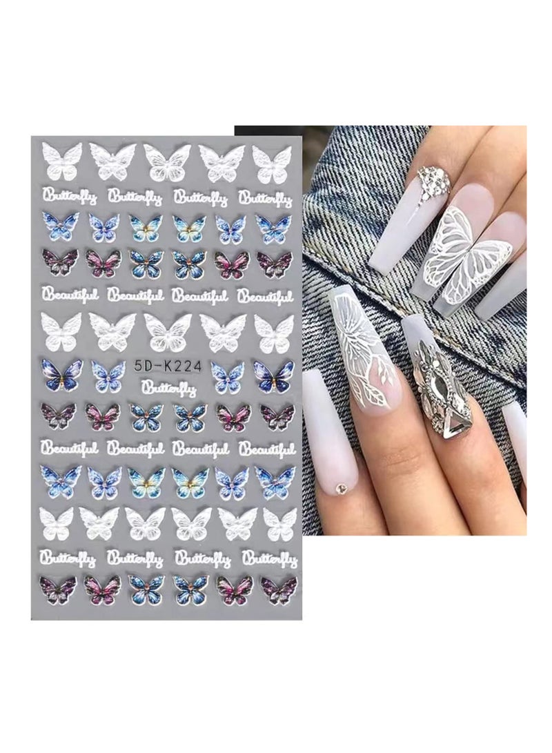 Excefore Flower Nail Art Stickers, 4 Pcs 5D Embossed Nail Decals Colorful Butterfly Nail Accessories - Image 4
