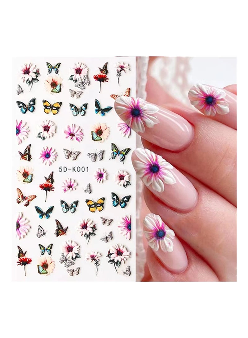 Excefore Flower Nail Art Stickers, 4 Pcs 5D Embossed Nail Decals Colorful Butterfly Nail Accessories - Image 5