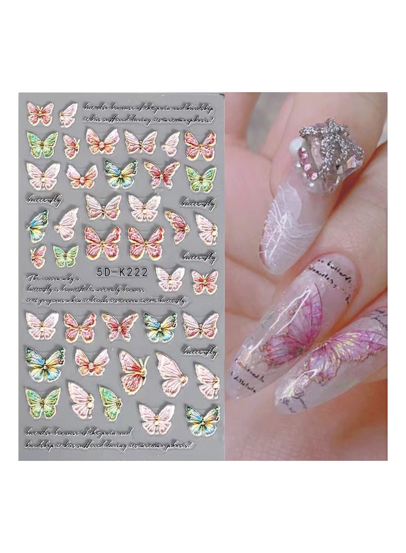 Excefore Flower Nail Art Stickers, 4 Pcs 5D Embossed Nail Decals Colorful Butterfly Nail Accessories - Image 2