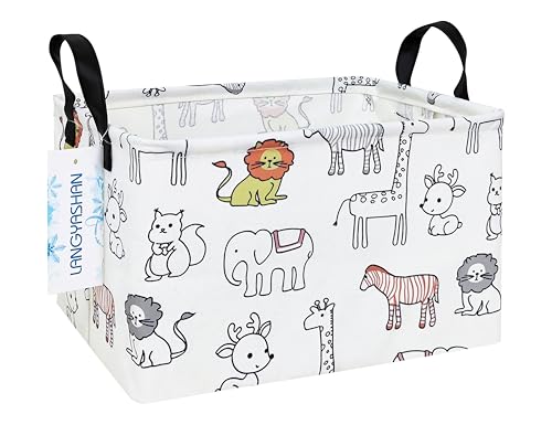 LANGYASHAN Rectangular Storage Bin Collapse Canvas Fabric Cartoon Storage Basket with Handles for Organizing Home Kitchen Boys and Girls Toys Office Closet Shelf Baskets Rec Simplified Zoo - Image 1