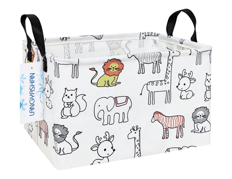 LANGYASHAN Rectangular Storage Bin Collapse Canvas Fabric Cartoon Storage Basket with Handles for Organizing Home Kitchen Boys and Girls Toys Office Closet Shelf Baskets Rec Simplified Zoo - Image 2