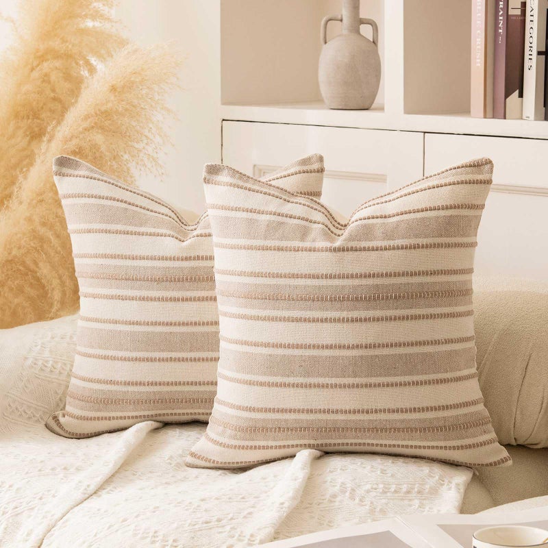 WACOMECO Pack of 2 Farmhouse Throw Pillow Covers, Textured Boho Cushion Covers for Couch Sofa Bed Home Decoration, 18x18 inch, Khaki - Image 1