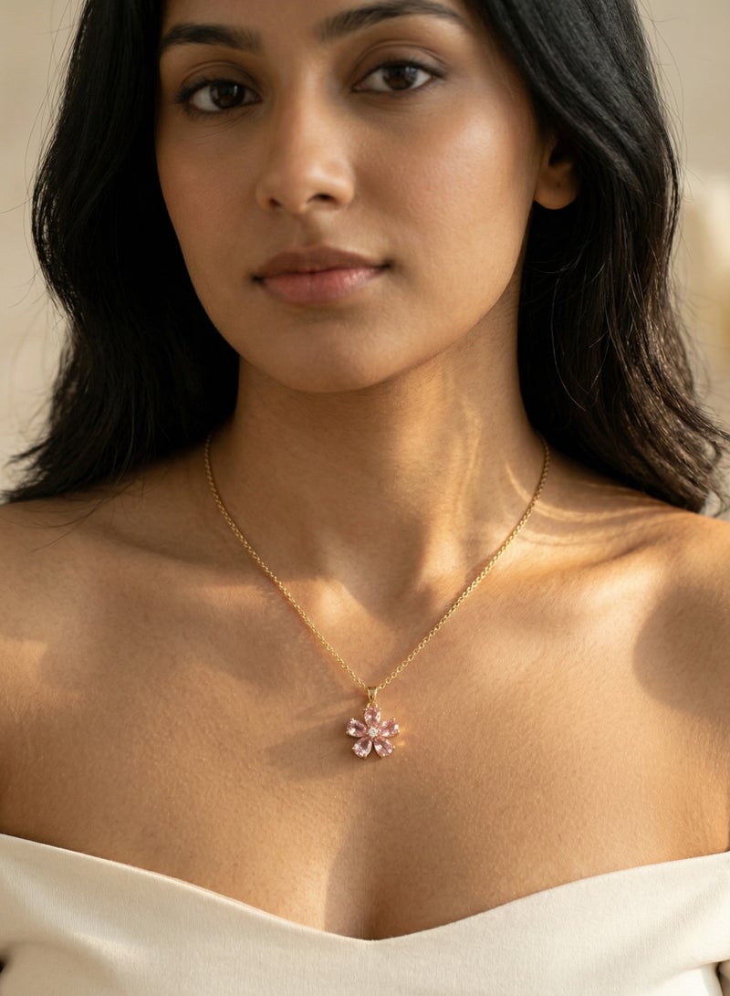 Shein Pink Flower Crystal Necklace 18K Gold Plated — Rose Petal Pendant with Adjustable Chain — Elegant Women Jewelry — Birthday Engagement Mother's Day Gift — Sparkling Floral Charm Necklace for Girls - Image 1