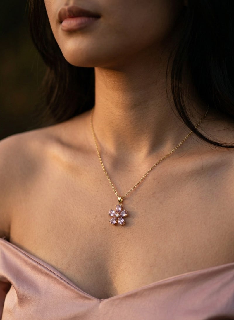 Shein Pink Flower Crystal Necklace 18K Gold Plated — Rose Petal Pendant with Adjustable Chain — Elegant Women Jewelry — Birthday Engagement Mother's Day Gift — Sparkling Floral Charm Necklace for Girls - Image 2