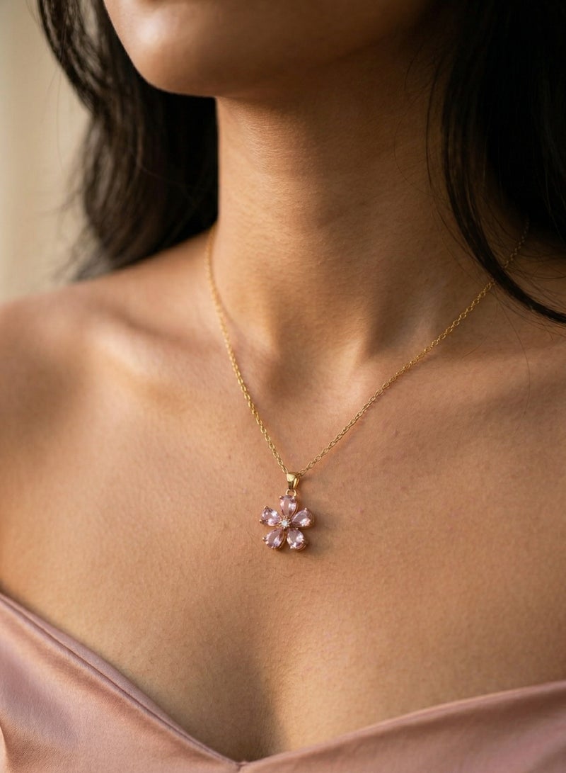 Shein Pink Flower Crystal Necklace 18K Gold Plated — Rose Petal Pendant with Adjustable Chain — Elegant Women Jewelry — Birthday Engagement Mother's Day Gift — Sparkling Floral Charm Necklace for Girls - Image 3