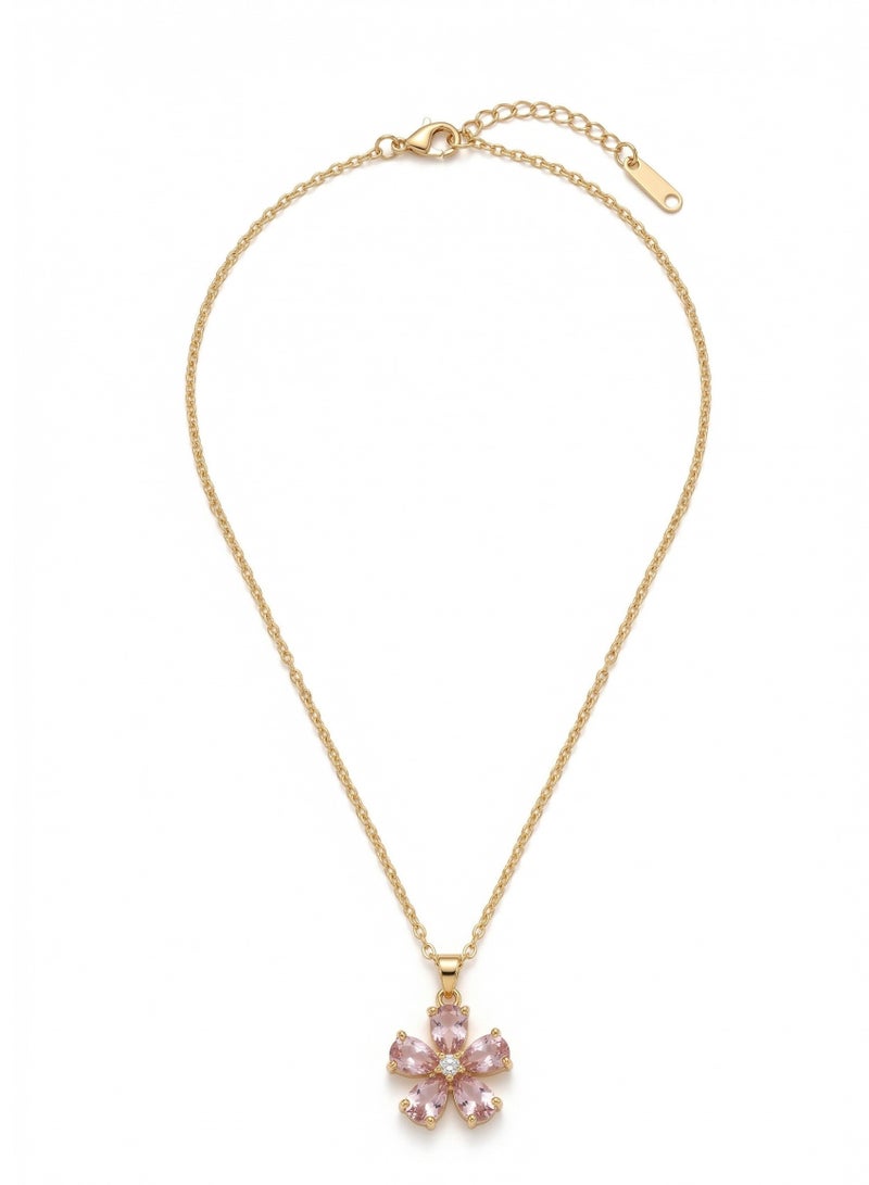 Shein Pink Flower Crystal Necklace 18K Gold Plated — Rose Petal Pendant with Adjustable Chain — Elegant Women Jewelry — Birthday Engagement Mother's Day Gift — Sparkling Floral Charm Necklace for Girls - Image 4