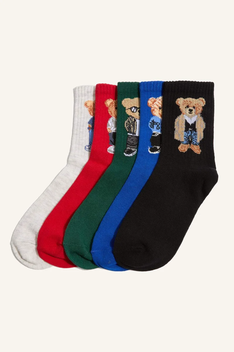 ديفاكتو Boy Bear Printed 5 Piece Cotton Long Socks