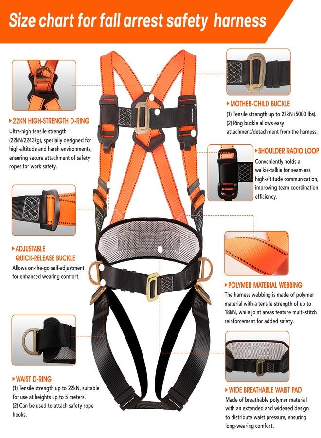 QFU Safety harness fall protection kit, equipped with shock-absorbing ropes, full-body safety harness for roof work (orange and black) - Image 3