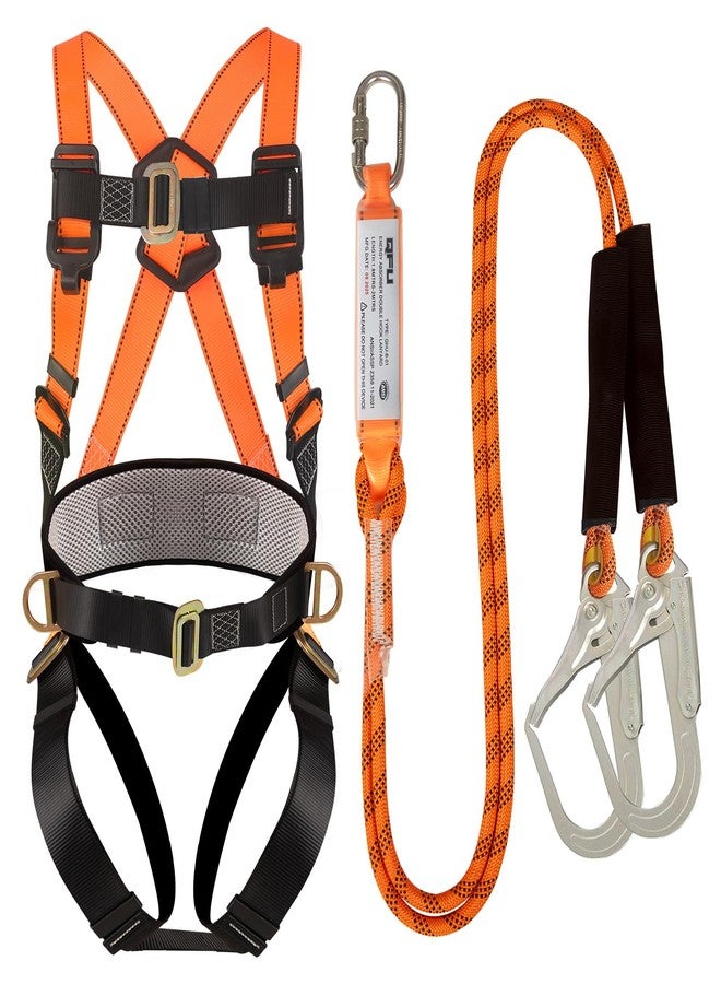QFU Safety harness fall protection kit, equipped with shock-absorbing ropes, full-body safety harness for roof work (orange and black) - Image 1