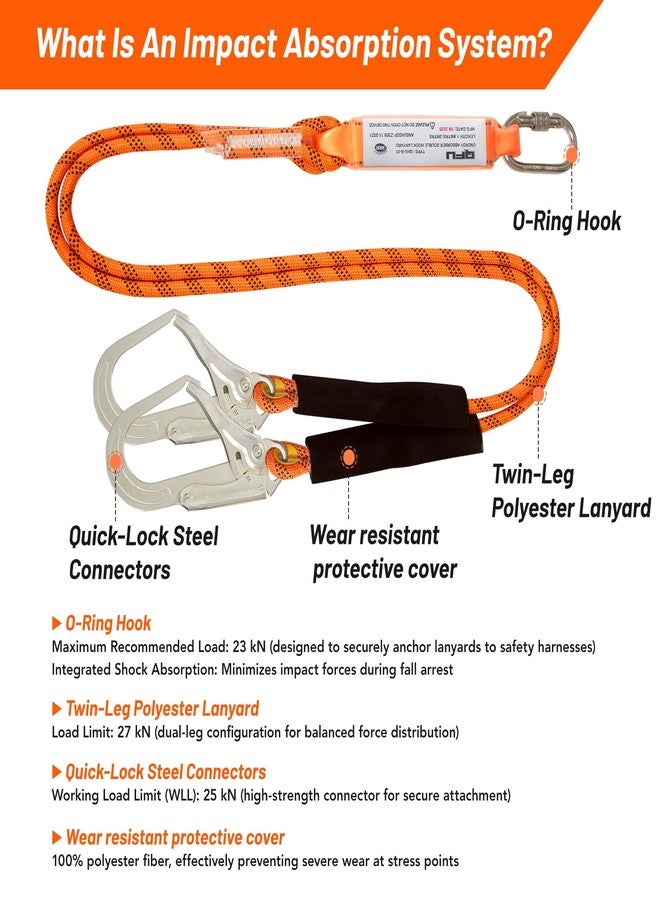 QFU Safety harness fall protection kit, equipped with shock-absorbing ropes, full-body safety harness for roof work (orange and black) - Image 4