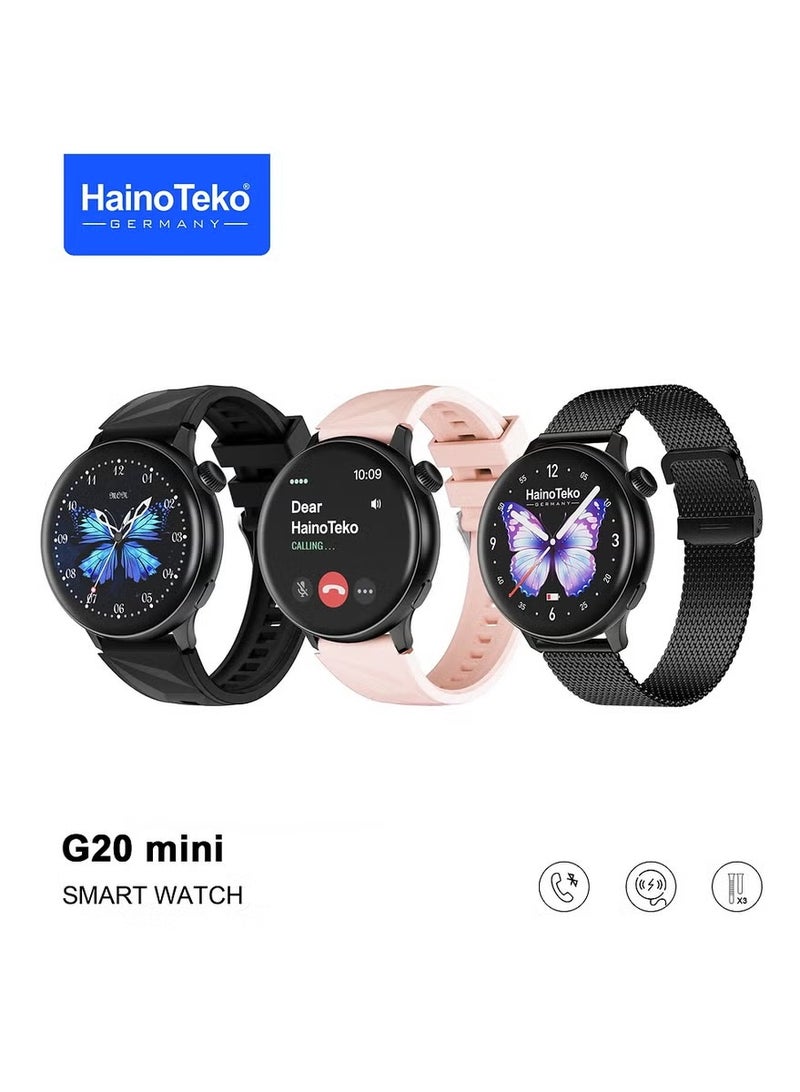 HainoTeko G20 Mini Smart Watch for Women in Black with BT Call Function, Vibrant AMOLED Full Touch Display, Long Battery Life, Fitness & Health Tracking, Sleep Monitoring, Smart Message Notifications, Lightweight Stylish Design with 3 Interchangeable Straps, Ideal for Daily Wear, Sports, Office & Travel Use - Image 1