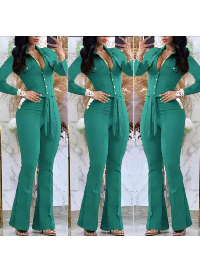 Autumn And Winter Long-sleeved Shirt Collar Mid-waist Temperament Commuter One-piece Trousers