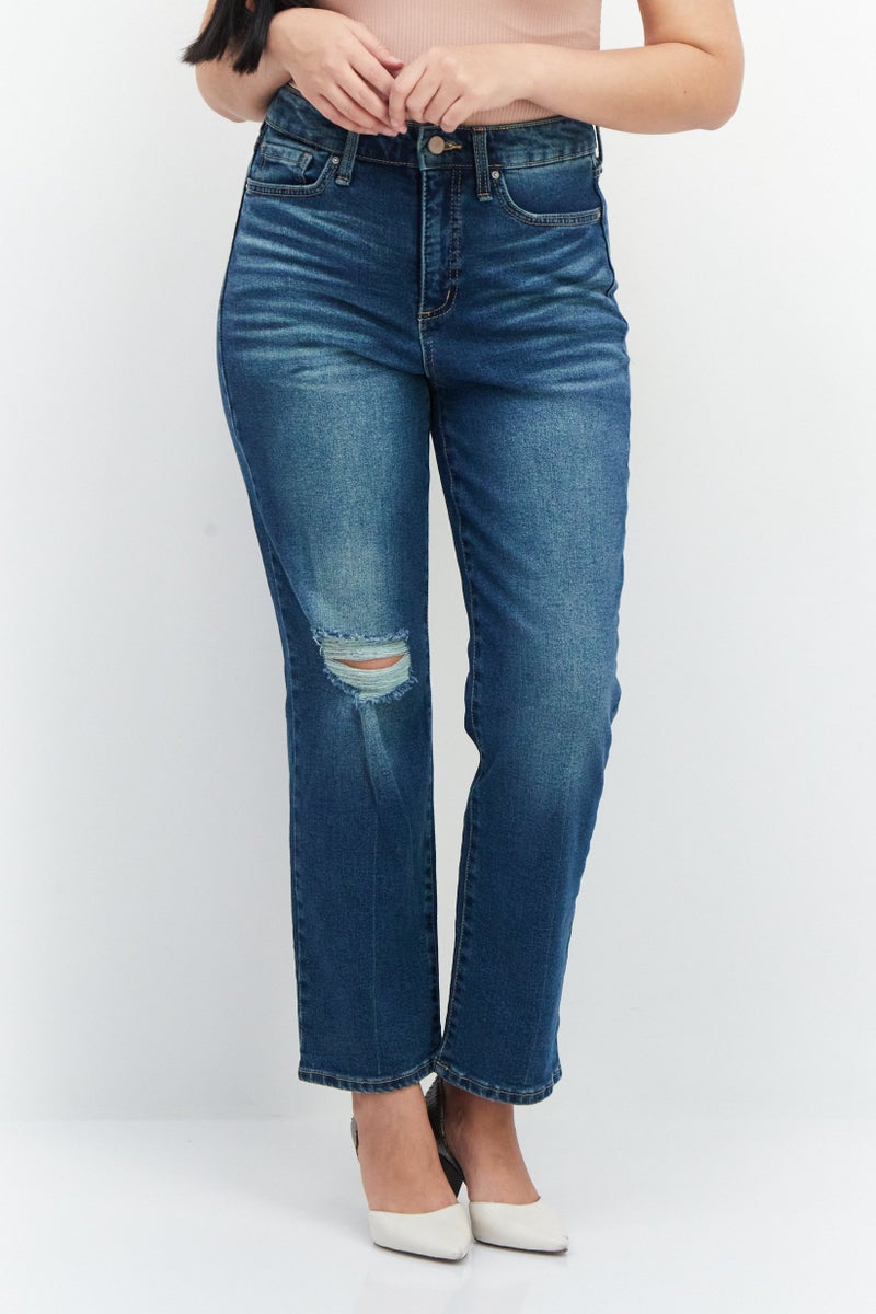 Frayed Jeans Women Straight Fit Rip Stretchable Jeans, Blue - Image 1