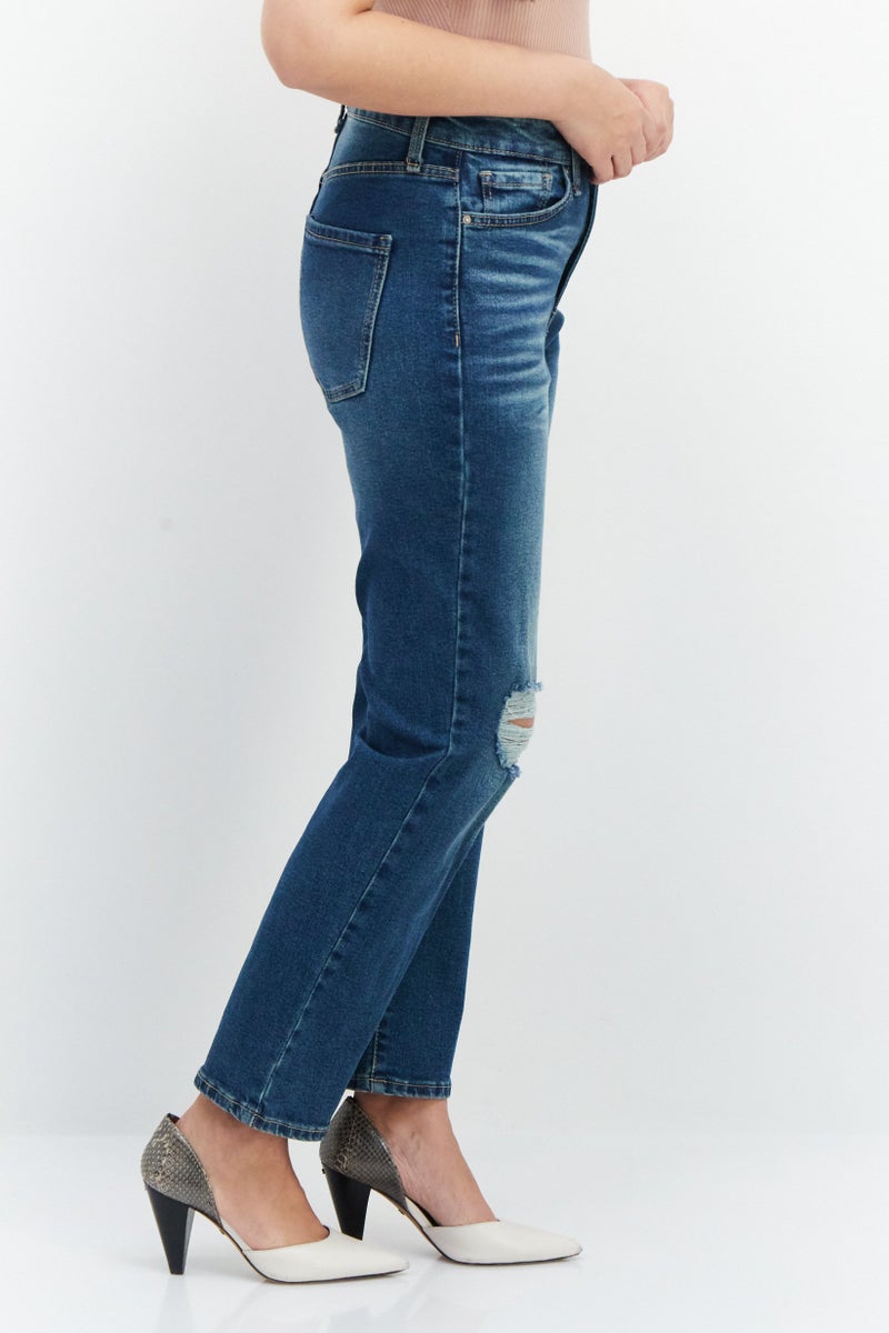 Frayed Jeans Women Straight Fit Rip Stretchable Jeans, Blue - Image 3