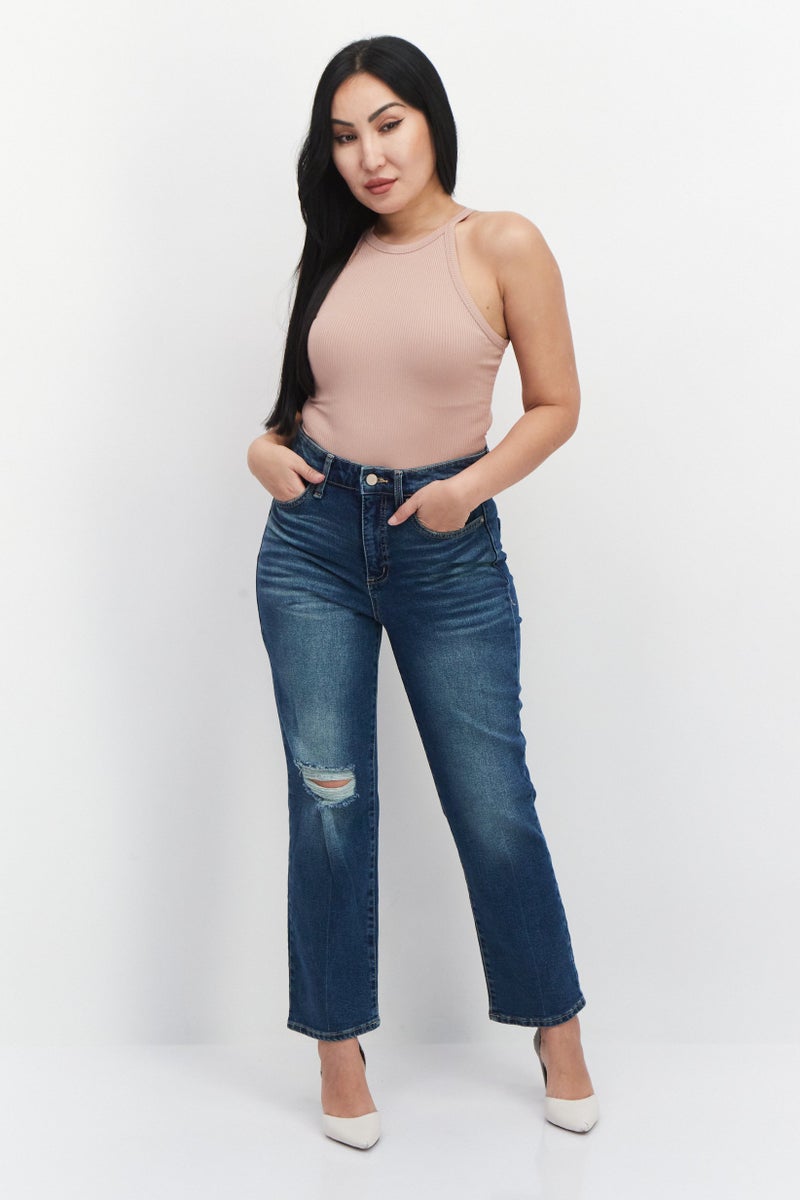 Frayed Jeans Women Straight Fit Rip Stretchable Jeans, Blue - Image 2