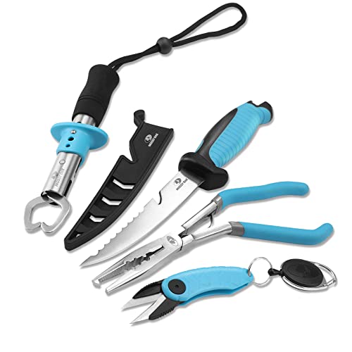 Mossy Oak 4pc Fishing Tool Kit - Pistol Grip Fishing Pliers, Fish Fillet Knife, Fishing Gripper, Line Snip, Fly Fishing Retractor with Retractable Lanyard - Image 1