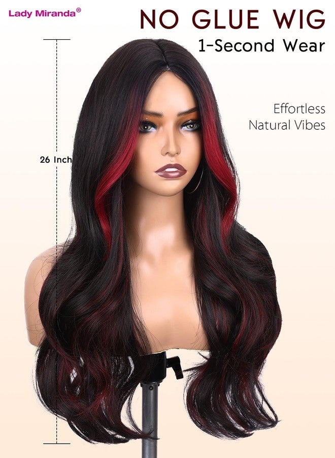 Lady Miranda 26 Inch Red and Black Long Wavy Wig Black Wig with Ombre Red Highlights Curtain Bang Wigs for Women Daily Part Use(Black and Red Color, 26 Inch) - Image 2