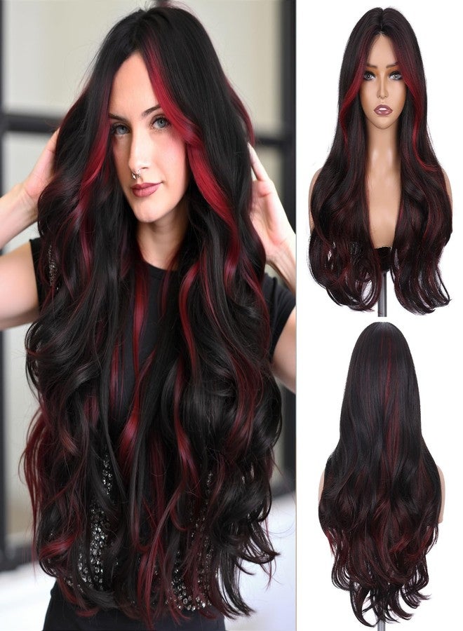 Lady Miranda 26 Inch Red and Black Long Wavy Wig Black Wig with Ombre Red Highlights Curtain Bang Wigs for Women Daily Part Use(Black and Red Color, 26 Inch) - Image 1