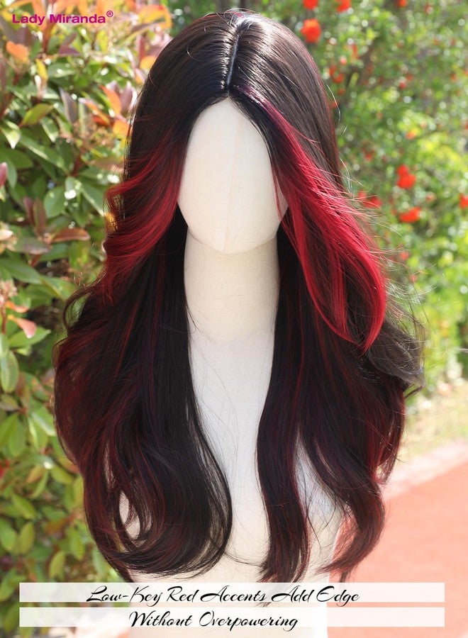 Lady Miranda 26 Inch Red and Black Long Wavy Wig Black Wig with Ombre Red Highlights Curtain Bang Wigs for Women Daily Part Use(Black and Red Color, 26 Inch) - Image 3