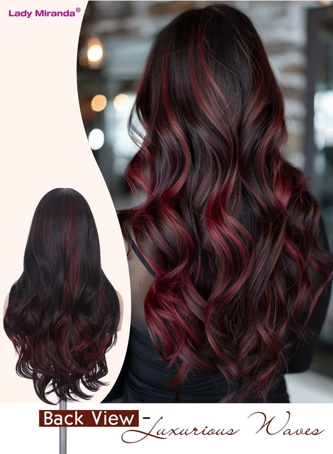 Lady Miranda 26 Inch Red and Black Long Wavy Wig Black Wig with Ombre Red Highlights Curtain Bang Wigs for Women Daily Part Use(Black and Red Color, 26 Inch) - Image 5