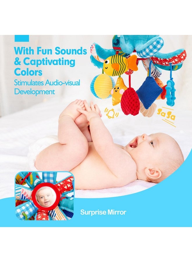 hahaland ألعاب هاهالاند للأطفال من 0-6 أشهر - ألعاب مقعد السيارة، لعبة الأخطبوط مع حبال سحب، تصدر صوتاً، تجاعيد، جرس، مرآة، هدايا حسية للأطفال حديثي الولادة 4 أشهر، لعبة معلقة لمقعد السيارة لعربة الأطفال - Image 4