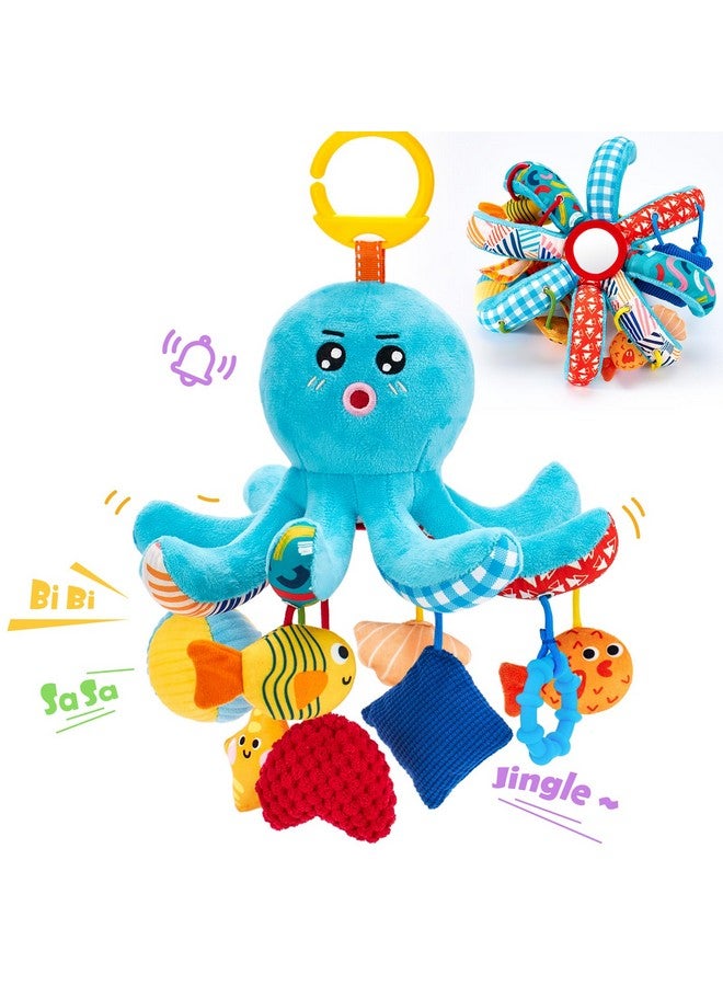 hahaland ألعاب هاهالاند للأطفال من 0-6 أشهر - ألعاب مقعد السيارة، لعبة الأخطبوط مع حبال سحب، تصدر صوتاً، تجاعيد، جرس، مرآة، هدايا حسية للأطفال حديثي الولادة 4 أشهر، لعبة معلقة لمقعد السيارة لعربة الأطفال - Image 1