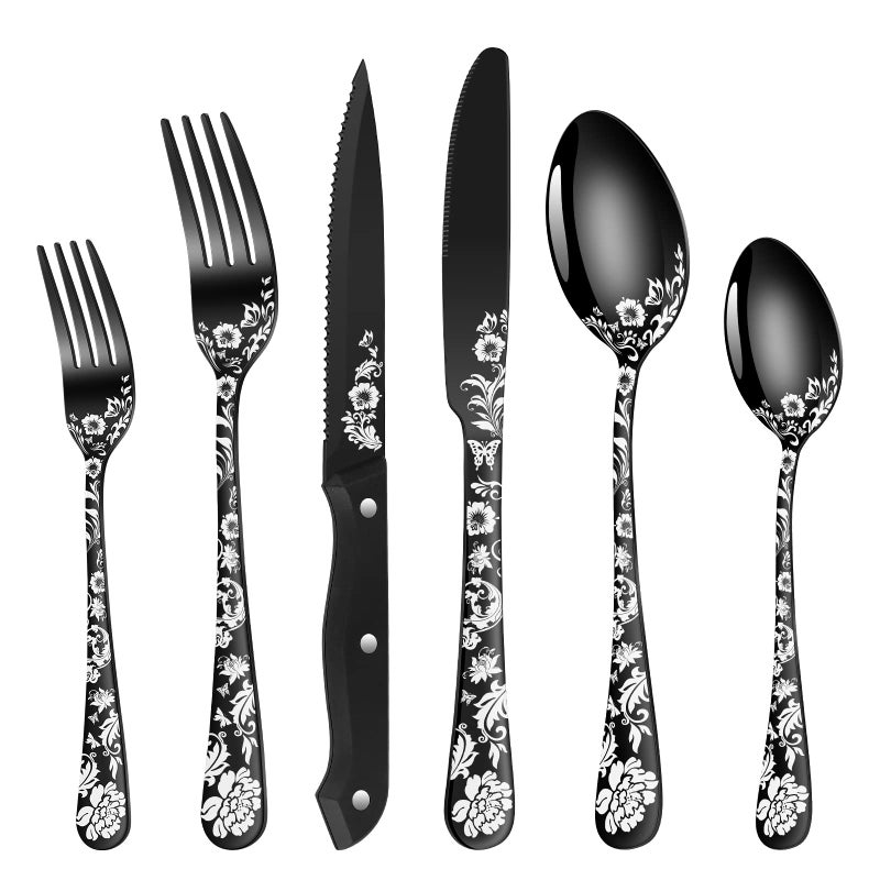 24Piece Black Silverware Set with Steak Knife Black Flatware Sets for 4 Stainless Steel Cutlery Set Includes Forks Knives SpoonsUnique Pattern DesignMirror Polished and Dishwasher Safe