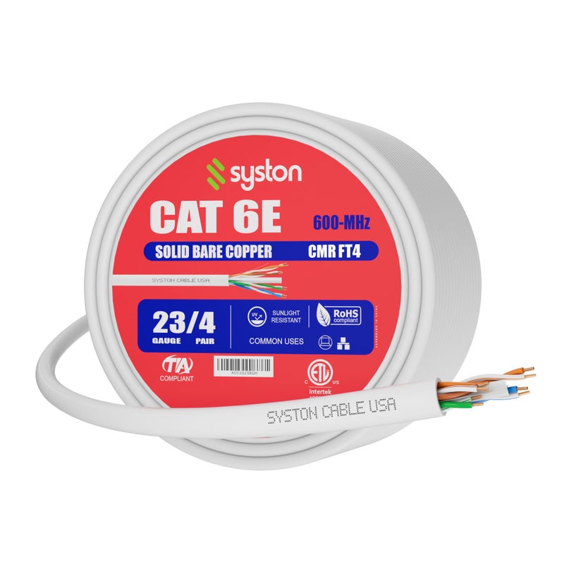 Syston Cable Technology Cat6e Ethernet Internet Cable - 100 FTï¼Œ600MHz 23AWG Solid Bare Copper Wire Outdoor/Indoor Suit, No Ends 10 Ft to 1000 Ft Available, Heat Resistant Riser Rated - CMR - Image 1