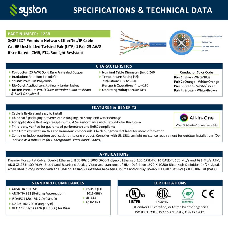 Syston Cable Technology Cat6e Ethernet Internet Cable - 100 FTï¼Œ600MHz 23AWG Solid Bare Copper Wire Outdoor/Indoor Suit, No Ends 10 Ft to 1000 Ft Available, Heat Resistant Riser Rated - CMR - Image 3