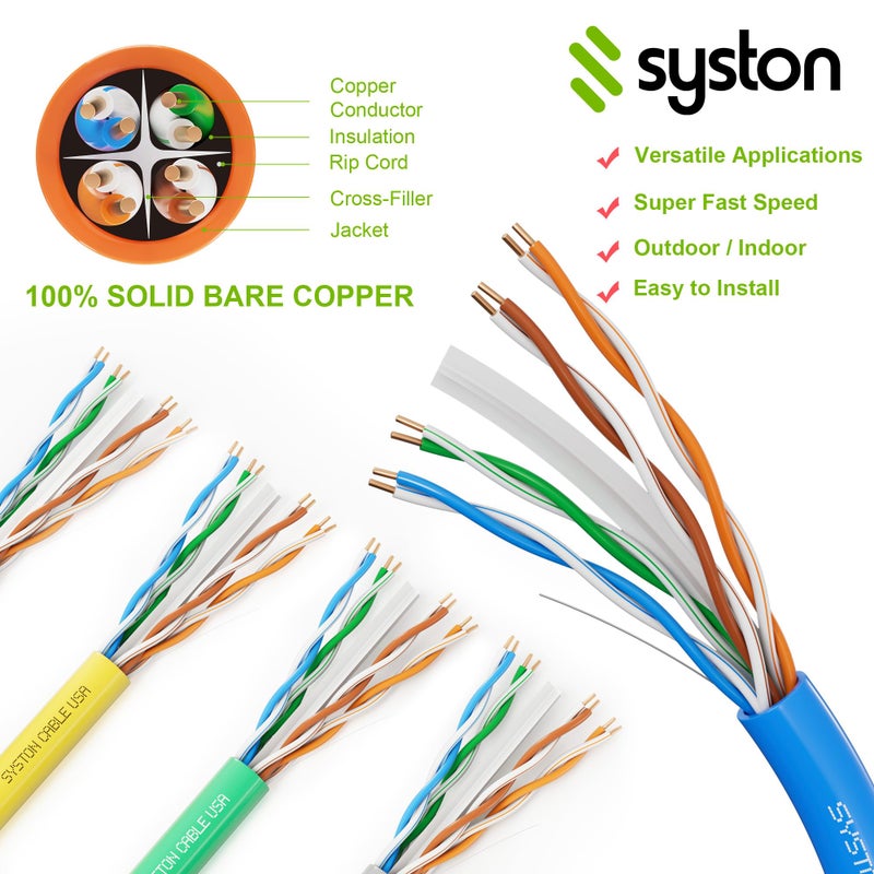 Syston Cable Technology Cat6e Ethernet Internet Cable - 100 FTï¼Œ600MHz 23AWG Solid Bare Copper Wire Outdoor/Indoor Suit, No Ends 10 Ft to 1000 Ft Available, Heat Resistant Riser Rated - CMR - Image 5