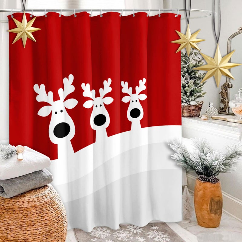 Roszwtit Christmas Elk Shower Curtain  Merry Christmas Reindeer Shower Curtains for Bathroom  Winter Farmhouse Bathroom Home Decor  Cute Winter Holiday New Year Decor 72X72 Waterproof Fabric with Hooks - Image 2