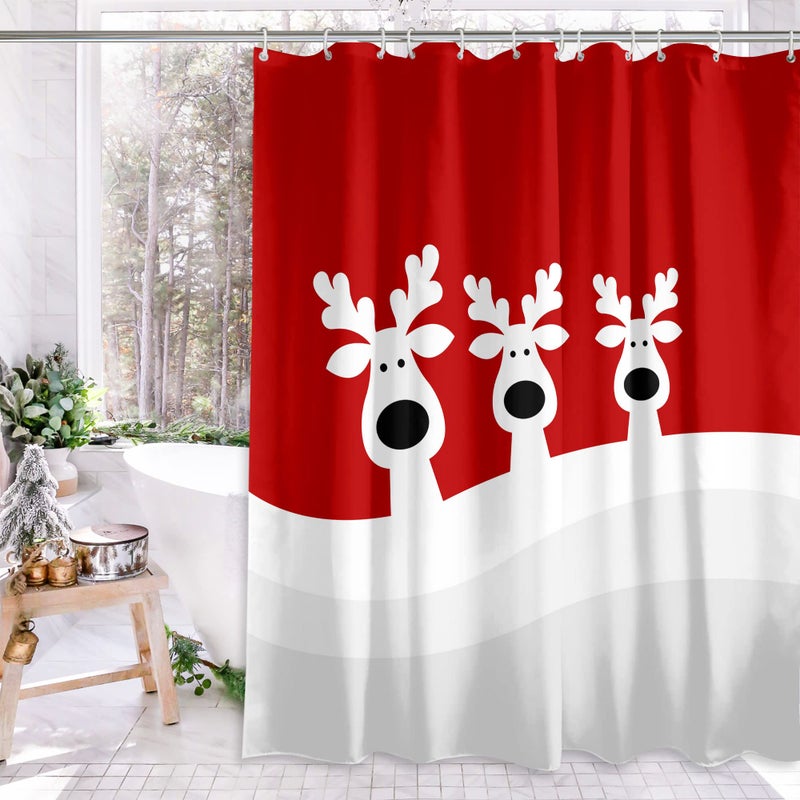 Roszwtit Christmas Elk Shower Curtain  Merry Christmas Reindeer Shower Curtains for Bathroom  Winter Farmhouse Bathroom Home Decor  Cute Winter Holiday New Year Decor 72X72 Waterproof Fabric with Hooks - Image 1