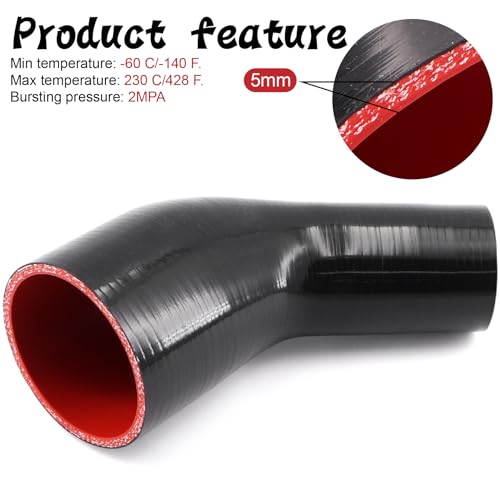 TuoLauthon 45 Degree 2 to 3 Inch(51-76mm) Silicone Reducer Coupler Hose,4-Ply Reinforced,Length 4Inch(102mm) with 2Pcs T-Bolt Clamps Turbo/Intercooler/Intake Piping - Image 4