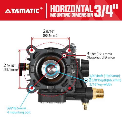 YAMATIC مضخة غسالة ضغط أفقية YAMATIC 3/4" عمود بحد أقصى 3400 PSI @ 2.6 GPM بديل متوافق مع Simpson 90029، 520002، 520004، Dewalt dxpw3425 هوندا GC190 والمزيد من العلامات التجارية. - Image 4