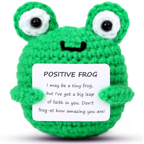 JULEASEL Mini Cute Positive Frog Crochet Doll with Encouraging Card Handmade Knitted Emotional Support Animal Uplifting Gift for Coworkers Friends Women Men Desk Party Decor - Image 1