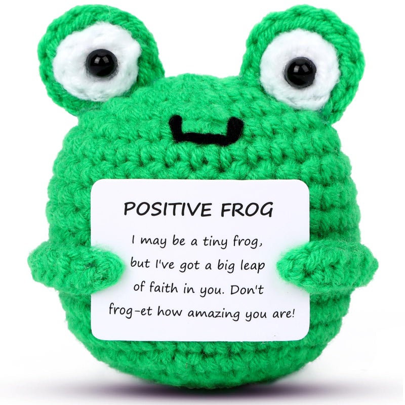 JULEASEL Mini Cute Positive Frog Crochet Doll with Encouraging Card Handmade Knitted Emotional Support Animal Uplifting Gift for Coworkers Friends Women Men Desk Party Decor - Image 3