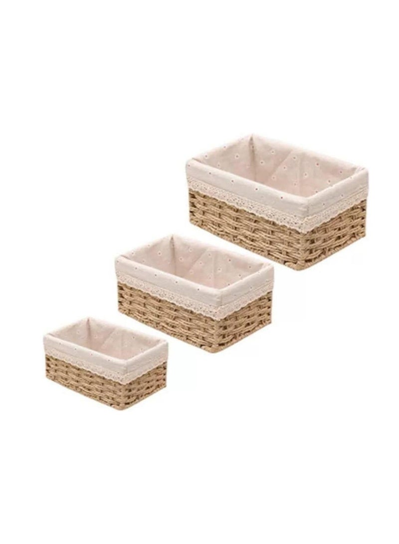 3 Piece Rattan Braided Basket Set - Luxury Organizer with Embossed Linen Fabric Cover and Genuine Rattan Covered Metal Legs SC  - Image 1